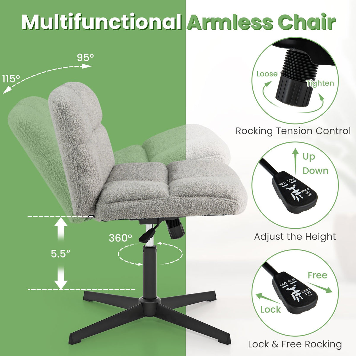 Office Armless Chair Cross Legged with Imitation Lamb Fleece and Adjustable Height-Gray view 6