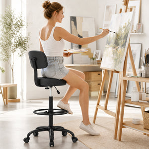 Office Drafting Chair with Back & Adjustable Footring and Wheels for Desk-Black view 2