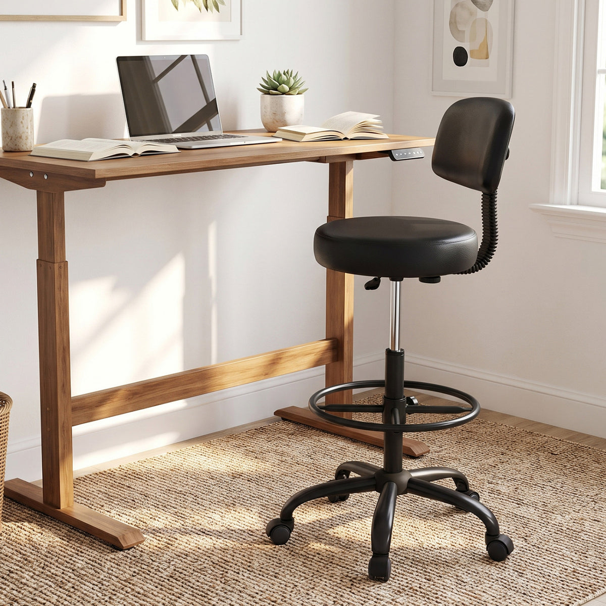 Office Drafting Chair with Back & Adjustable Footring and Wheels for Desk-Black view 3