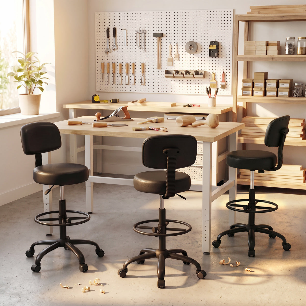 Office Drafting Chair with Back & Adjustable Footring and Wheels for Desk-Black view 5