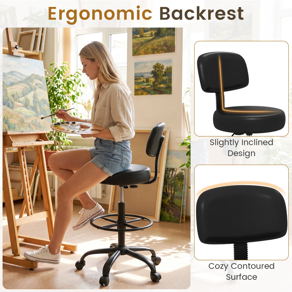 Office Drafting Chair with Back & Adjustable Footring and Wheels for Desk-Black view 6