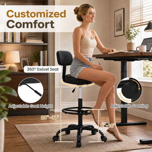 Office Drafting Chair with Back & Adjustable Footring and Wheels for Desk-Black view 7
