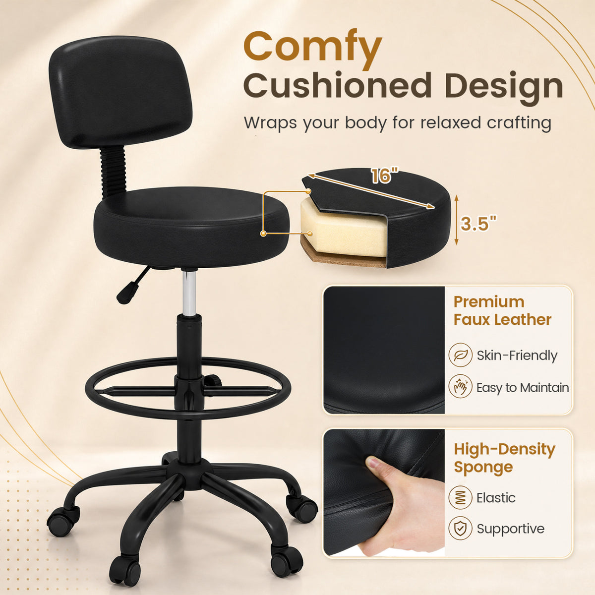 Office Drafting Chair with Back & Adjustable Footring and Wheels for Desk-Black view 8