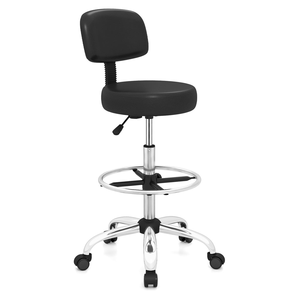Office Drafting Chair with Back & Adjustable Footring and Wheels for Desk-Silver