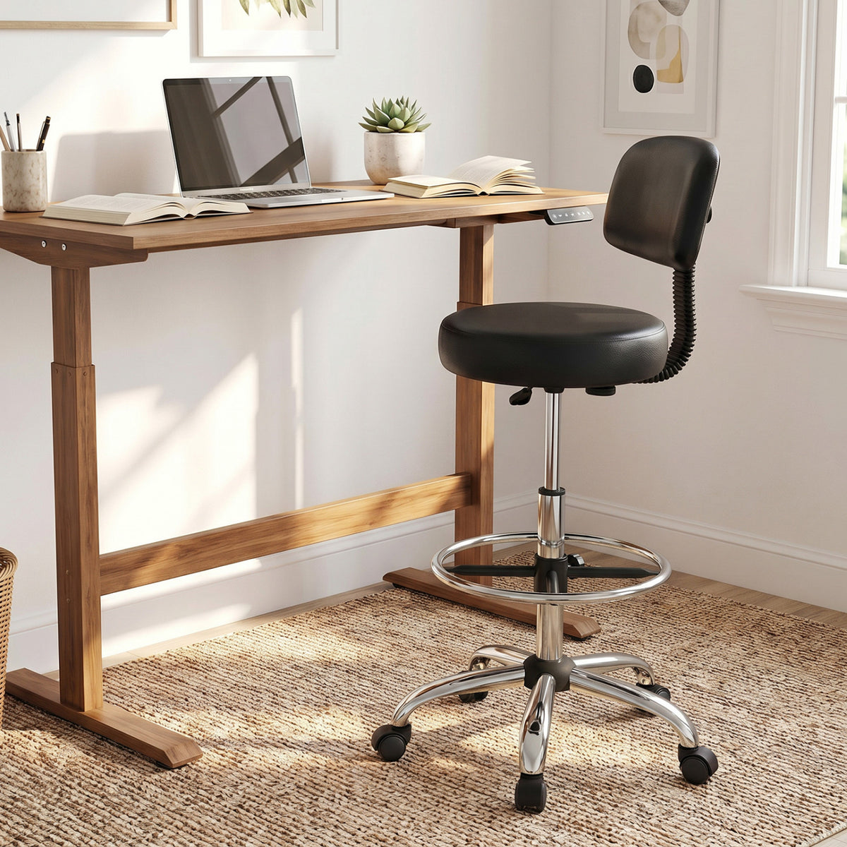 Office Drafting Chair with Back & Adjustable Footring and Wheels for Desk-Silver view 3