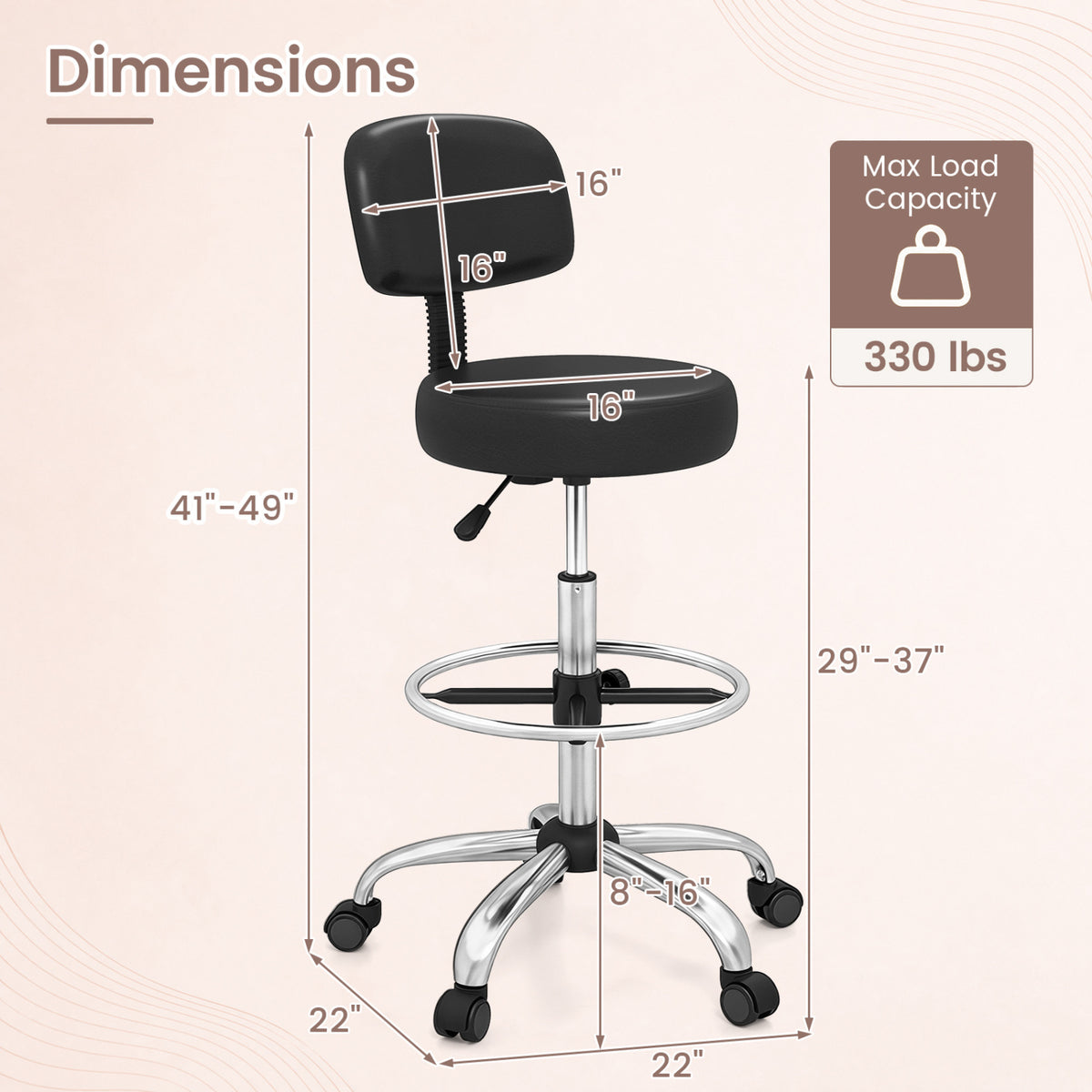 Office Drafting Chair with Back & Adjustable Footring and Wheels for Desk-Silver view 4