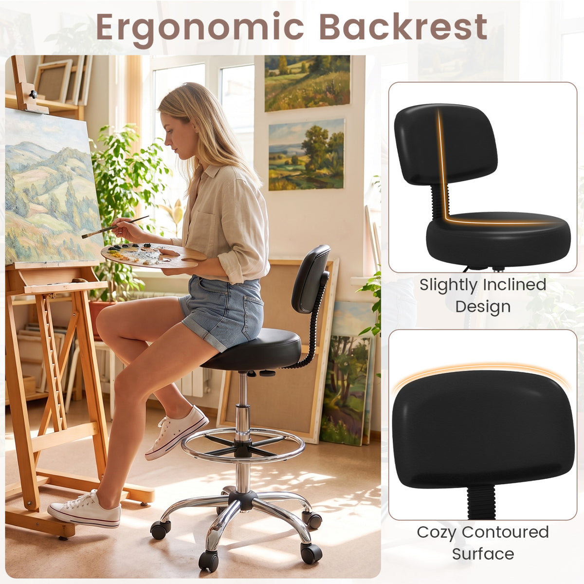 Office Drafting Chair with Back & Adjustable Footring and Wheels for Desk-Silver view 6