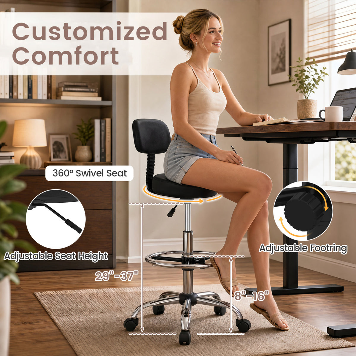 Office Drafting Chair with Back & Adjustable Footring and Wheels for Desk-Silver view 7