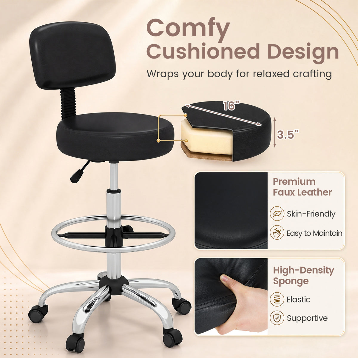 Office Drafting Chair with Back & Adjustable Footring and Wheels for Desk-Silver view 8