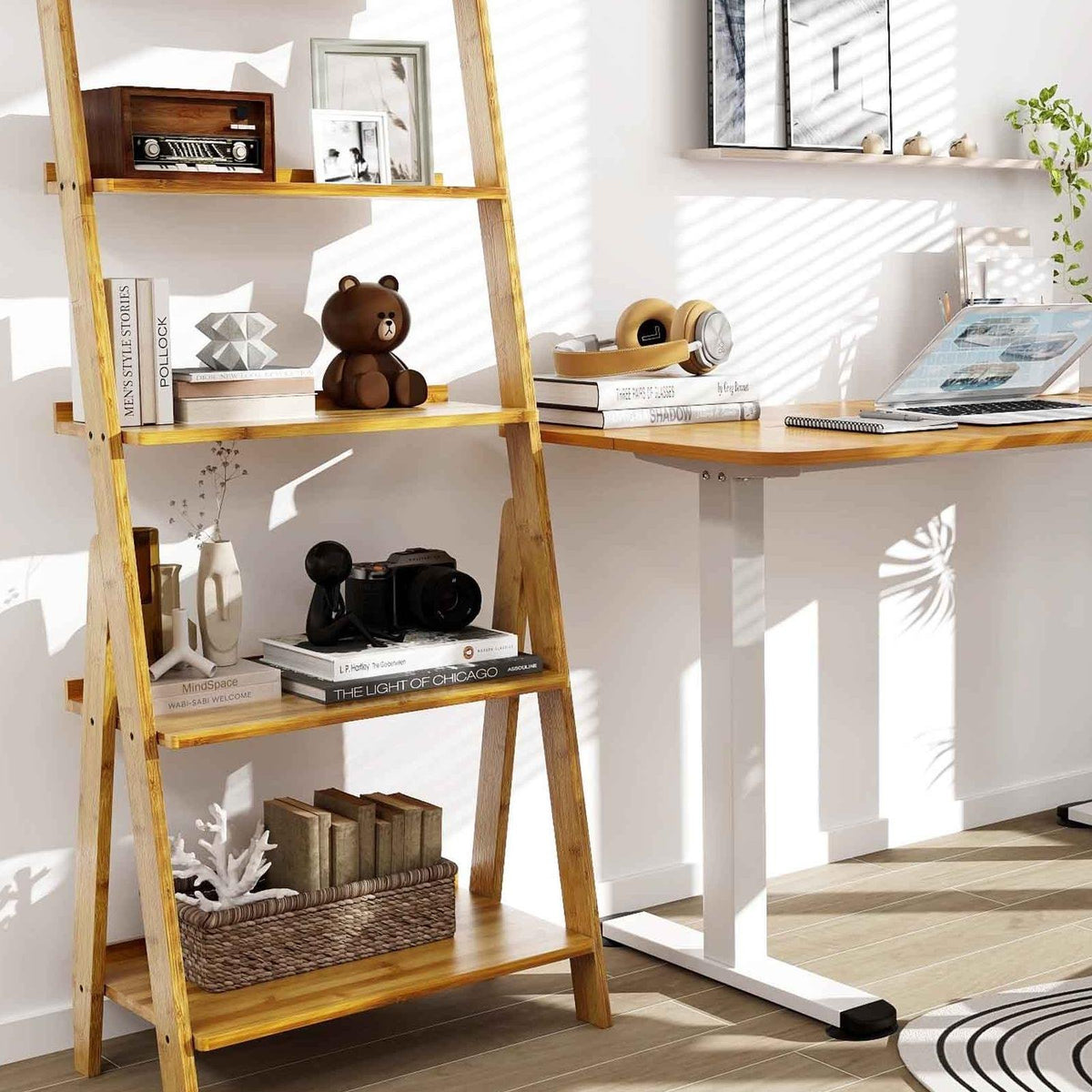 Office Set with 5-Tier Bamboo Ladder Shelf and Electric Standing Computer Desk view 2