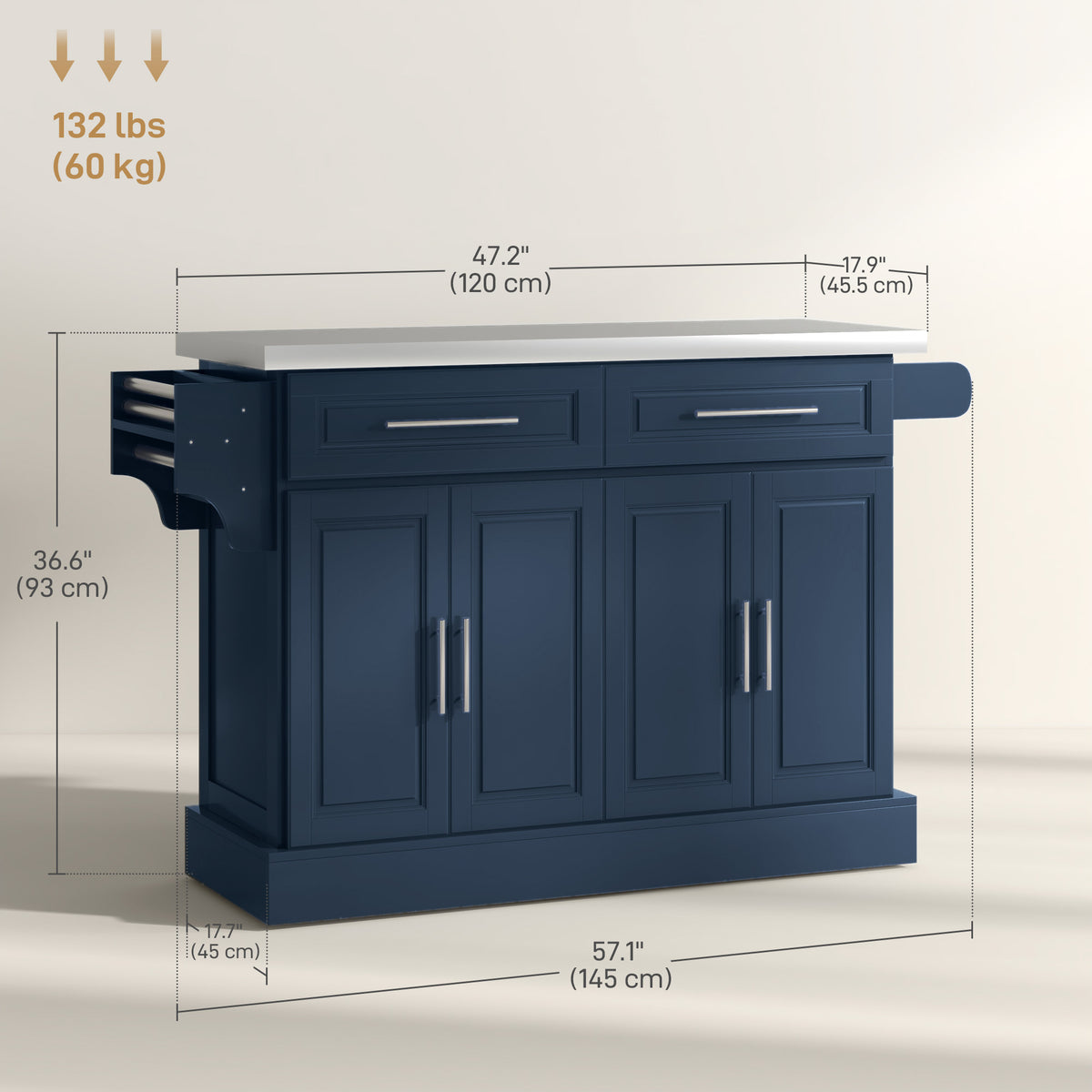 Stainless Steel Kitchen Island with Storage and Stainless Steel Top, Kitchen Trolley with Drawers – view 30