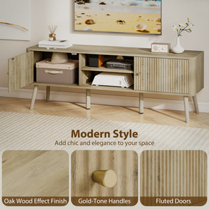 TV Stand for 65 Inch Television, Entertainment Center with Adjustable Shelves and Pine Wood Legs for Living Room, Oak