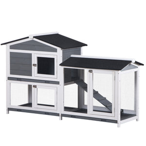 2-tier Wood Rabbit Hutch Backyard Bunny Cage Small Animal House w/ Ramp and Outdoor Run, Yellow – view 8