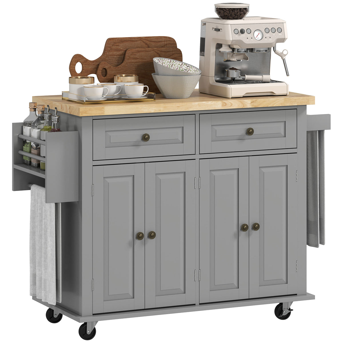 Kitchen Island with Storage, Rolling Trolley Cart with Rubber Wood Top, Spice Rack, Towel Rack, Brown Oak – view 15