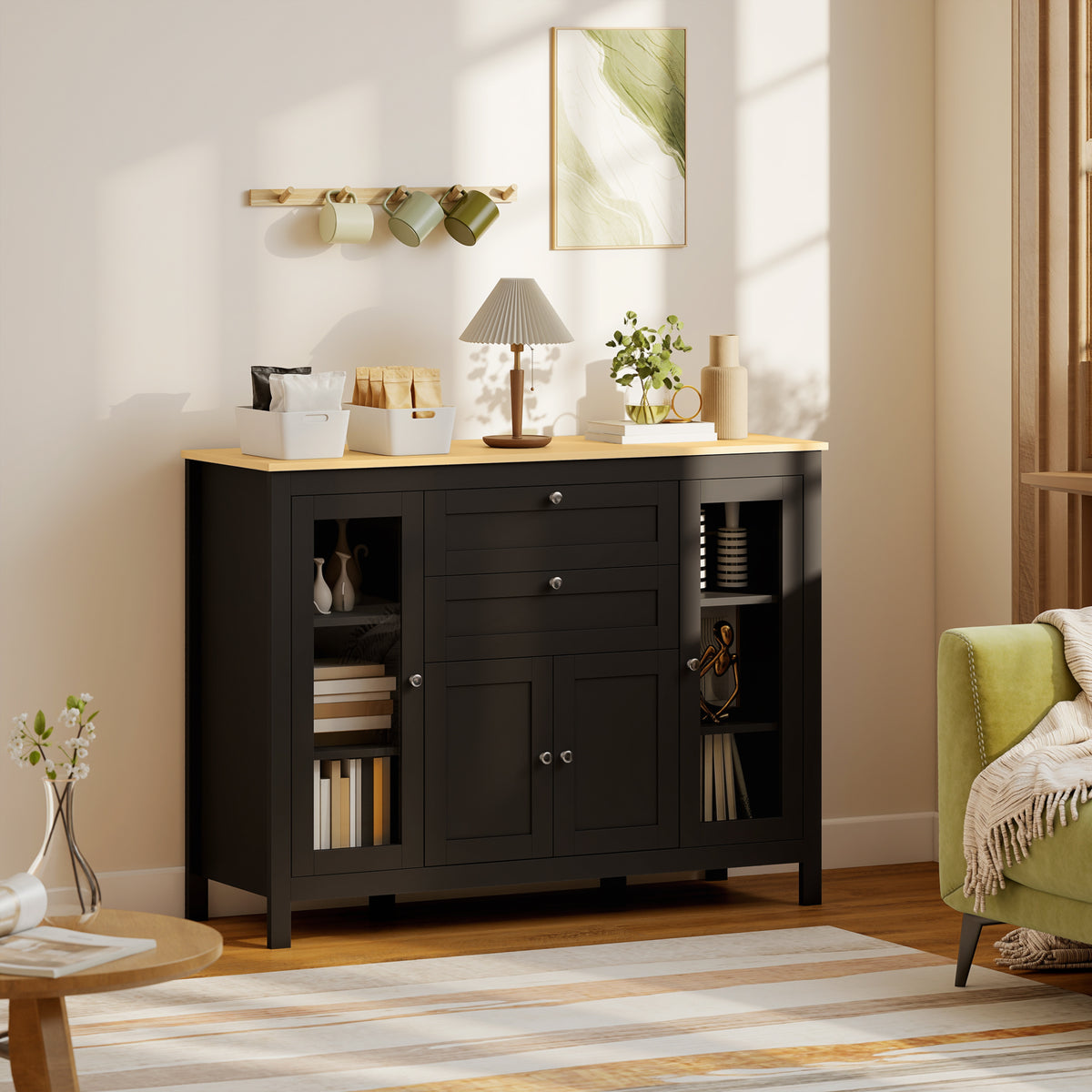 Buffet Cabinet Sideboard with 2 Drawers, 3 Storage Cabinets, Glass Doors and Adjustable Shelves, Dark Brown