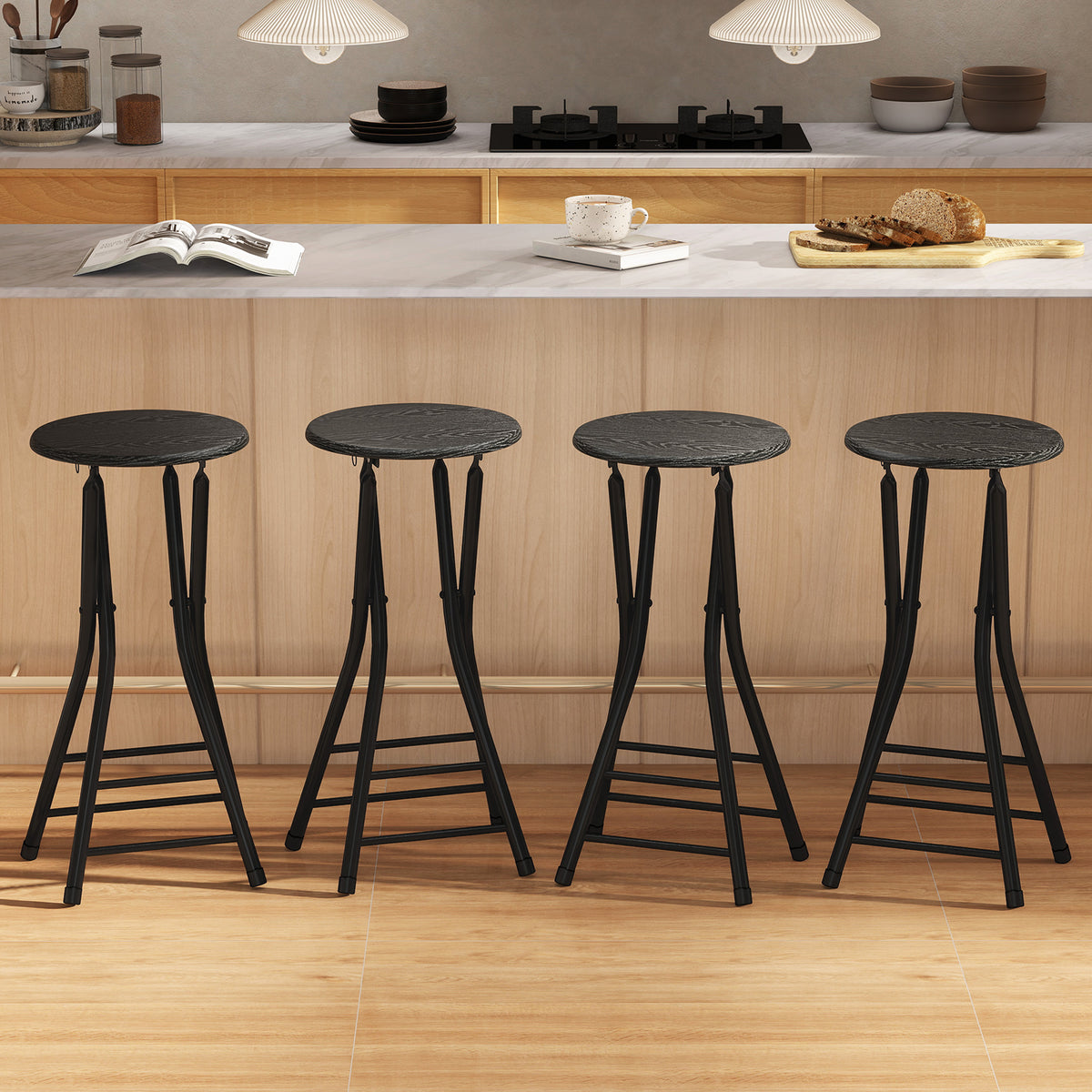 Set of 4 Foldable Barstools, Counter Height Bar Stools with Footrest and Steel Legs for Kitchen Island, Black