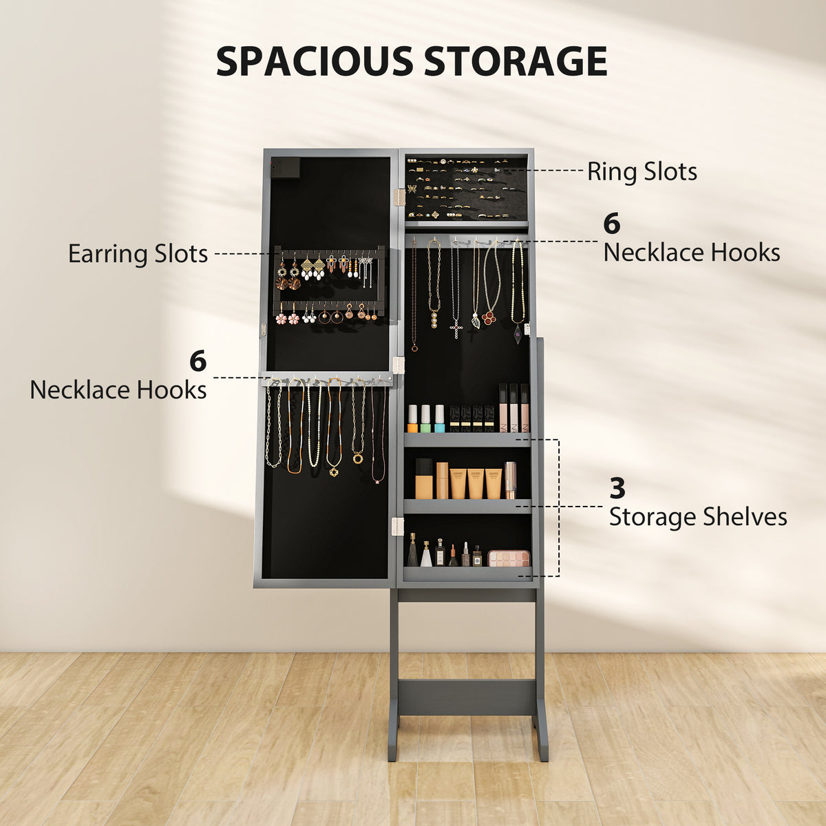 Free Standing Armoire Organizer, Lighted Mirrored Jewelry Cabinet w/ Angle Adjustable & 16 LED Lights Warm – view 17