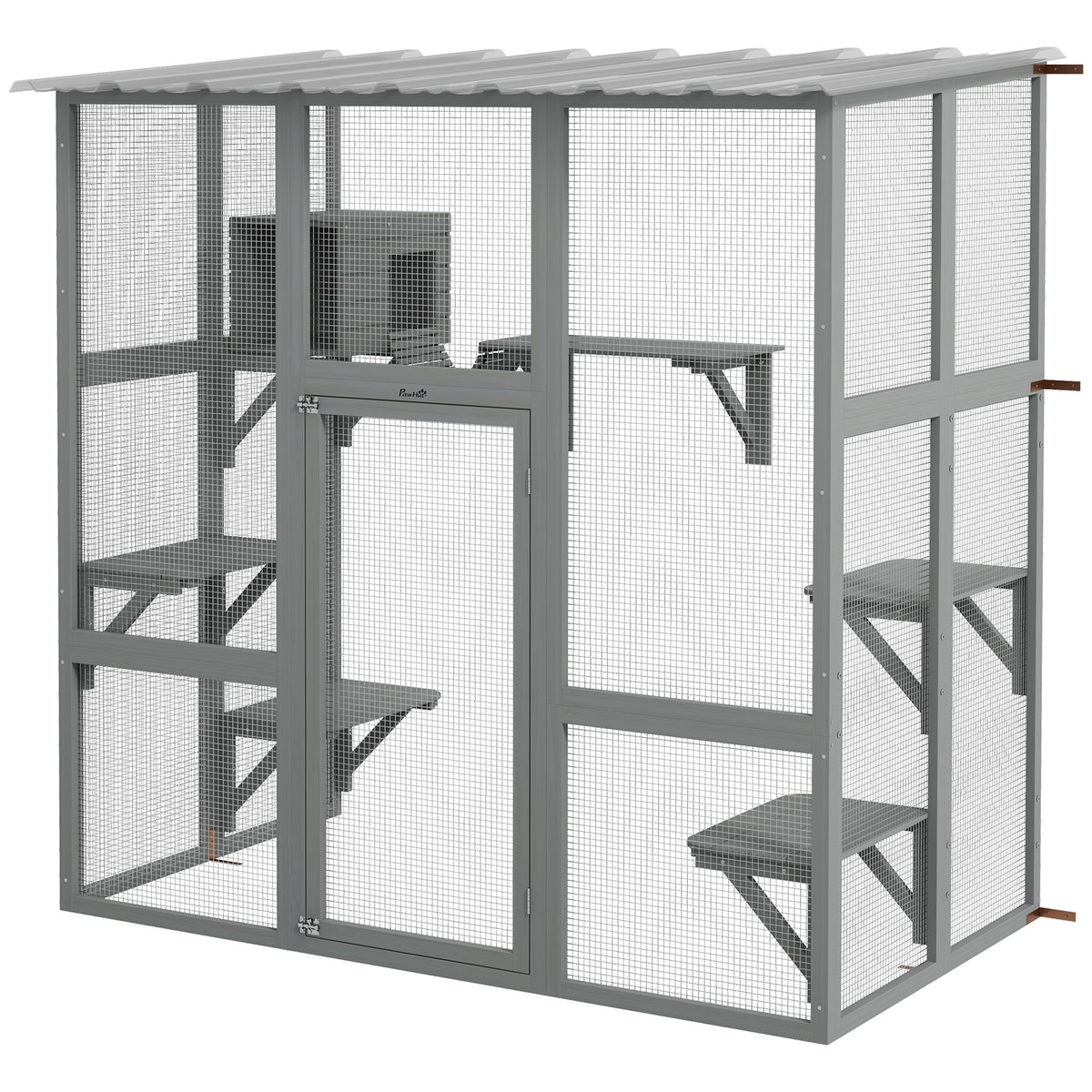Large Outdoor Catio with Weatherproof Roof, Bridge, Resting Box, Platforms, Grey