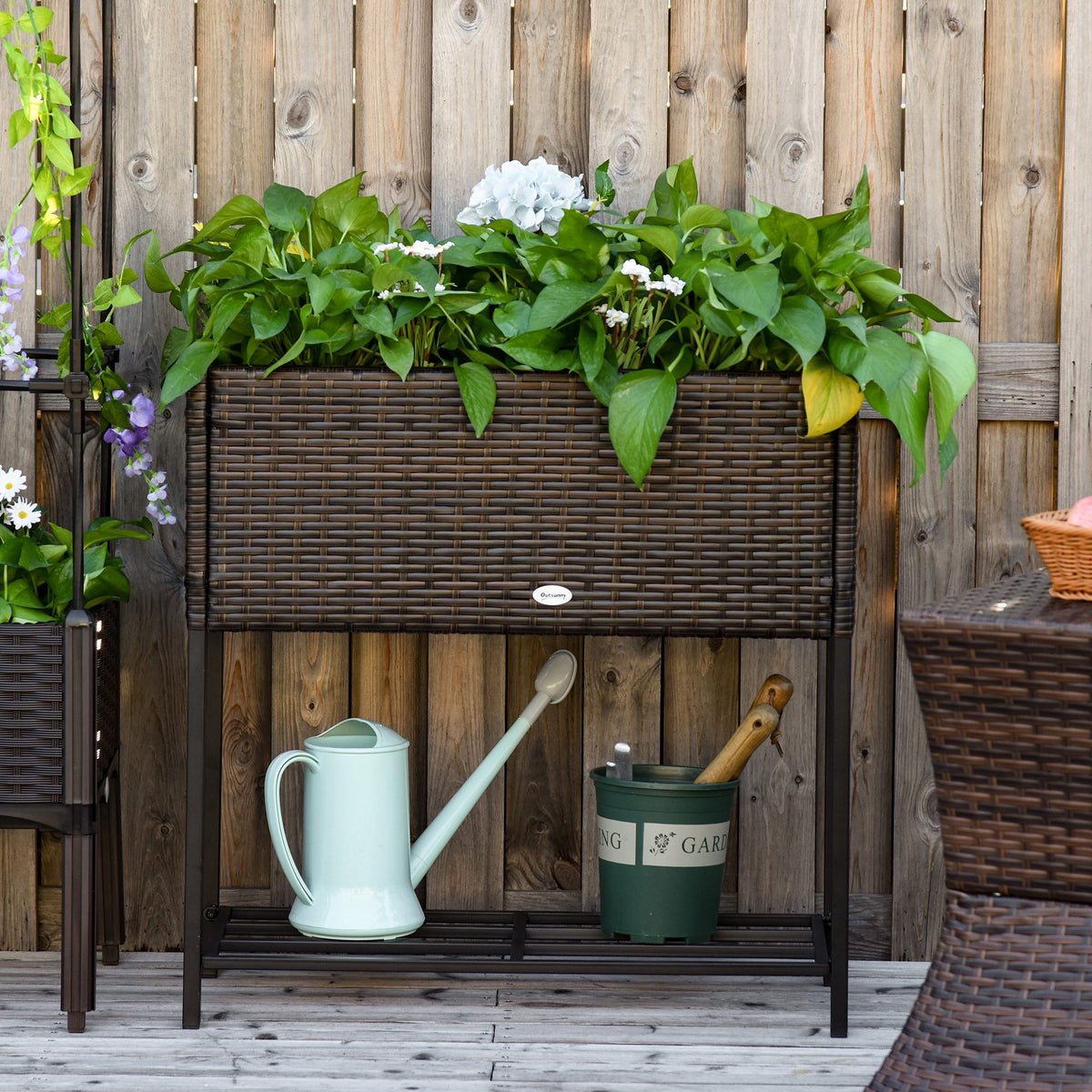 Rattan Raised Garden Boxes, Elevated Flower Beds with Storage Shelf for Herbs, Flowers, Vegetables, Brown – view 7