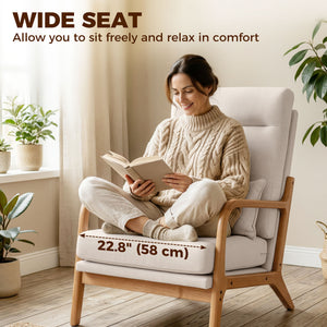 Modern Accent Chair, Linen Armchair with Lumbar Pillow, High Back, Wide Seat, Thick Cushion, Solid Wood Frame, Cream White