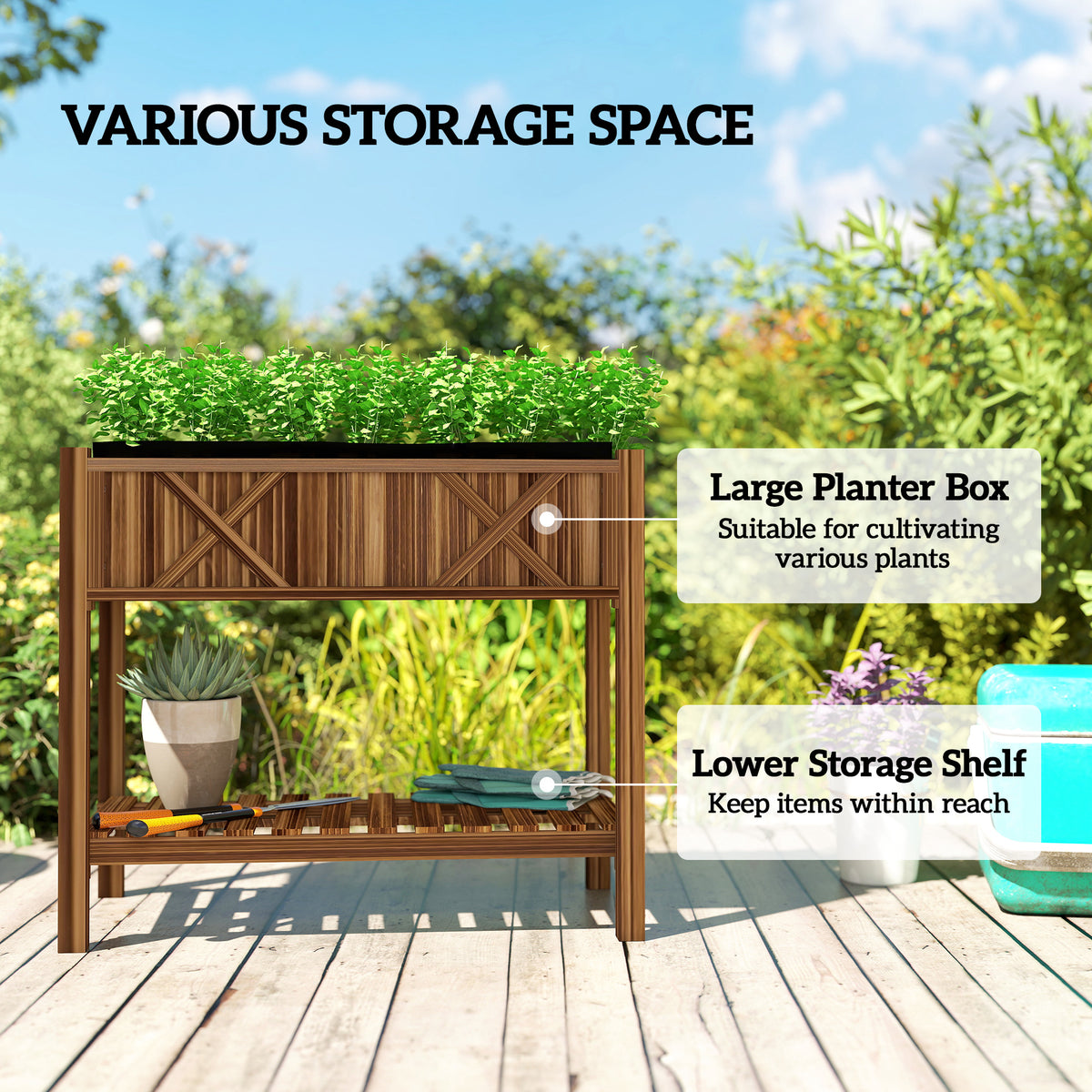 Wooden Raised Garden Bed, Elevated Planter Box with Storage Shelf, Drainage Holes and Liner – view 10