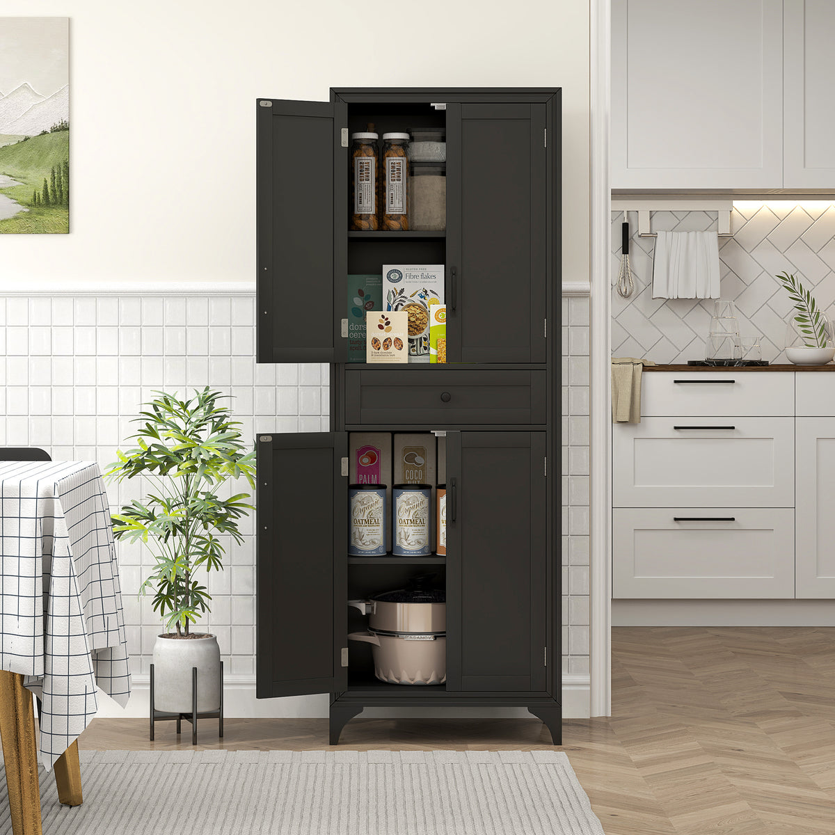 Freestanding Storage Cabinet, Kitchen Pantry Cabinet with 2 Shelves, 4 Doors for Dining Room, Black – view 7