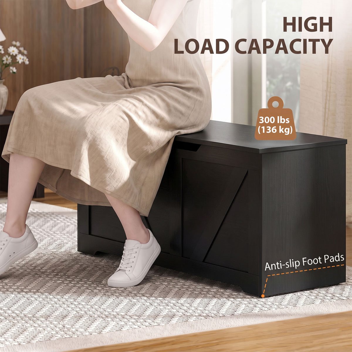 39.4 Inches Storage Chest, Storage Trunk with 2 Safety Hinges for Living Room, White Wood Grain