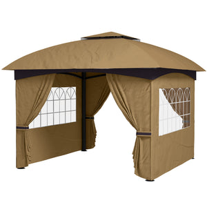 11' x 11' Outdoor Gazebo, Double Roof Patio Gazebo Canopy with Curtains, Church Windows, Galvanised Steel Frame, Beige