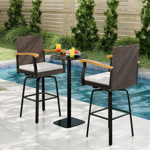 One Outdoor 360° Swivel Bar Stool with Cushion and Acacia Wood Armrests view 2