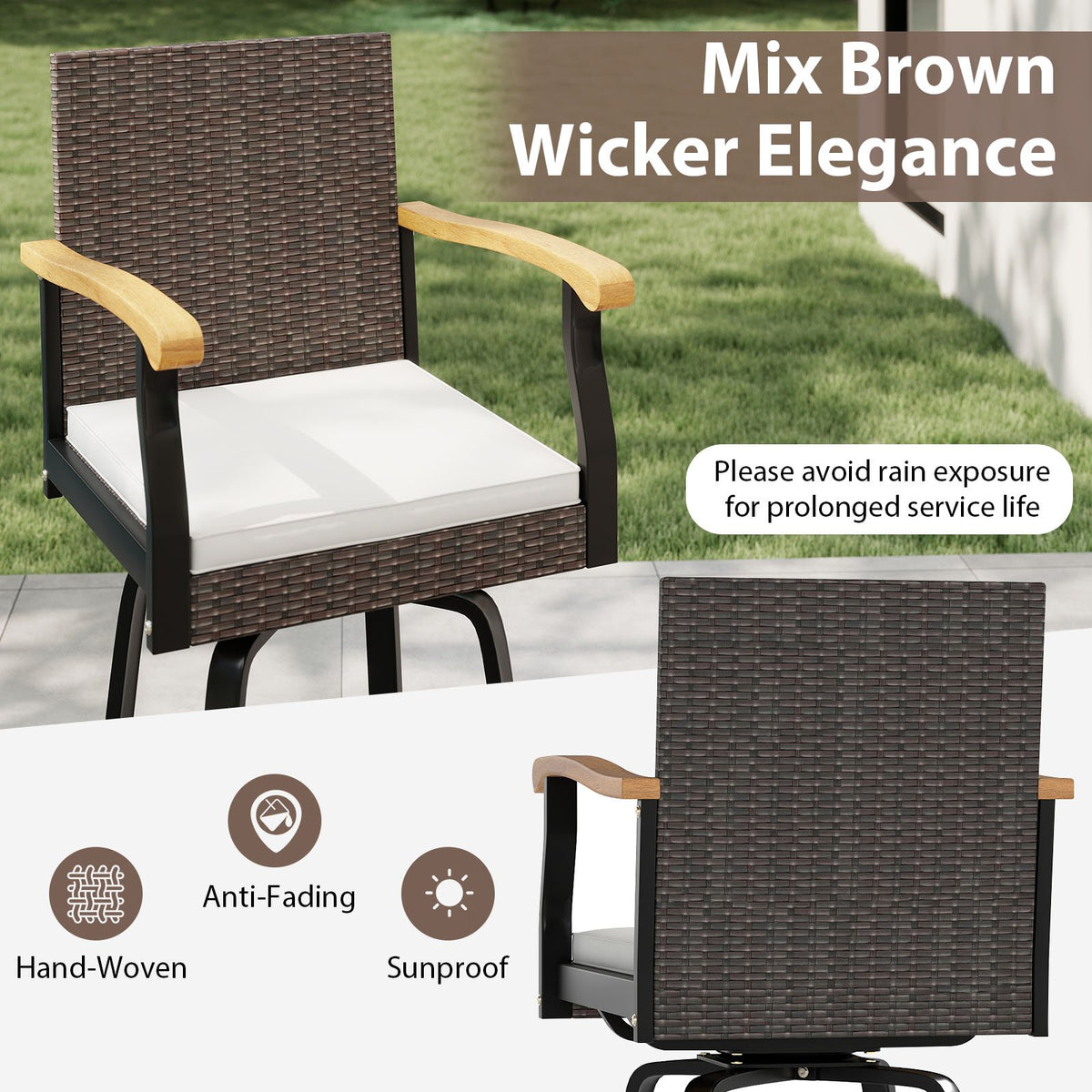 One Outdoor 360° Swivel Bar Stool with Cushion and Acacia Wood Armrests view 6