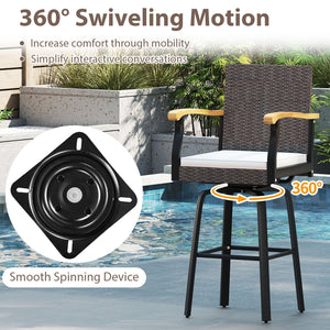 One Outdoor 360° Swivel Bar Stool with Cushion and Acacia Wood Armrests view 7