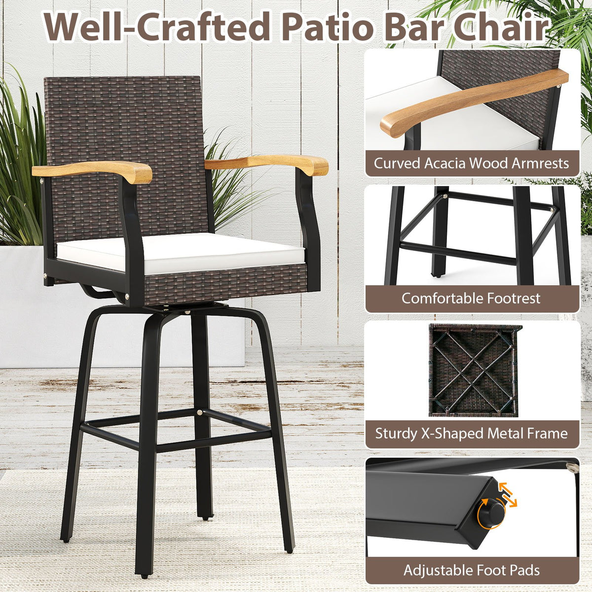 One Outdoor 360° Swivel Bar Stool with Cushion and Acacia Wood Armrests view 9