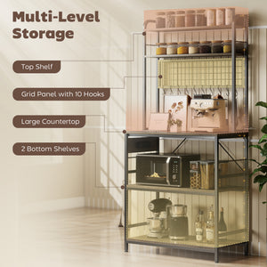 Kitchen Baker's Rack with Power Outlet and LED Light, 5-Tier Coffee Bar Station with 10 Hooks, Grey – view 5