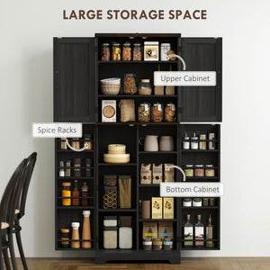 64" Tall Kitchen Pantry Cabinet with Spice Racks and Adjustable Shelves, Black Wood Grain