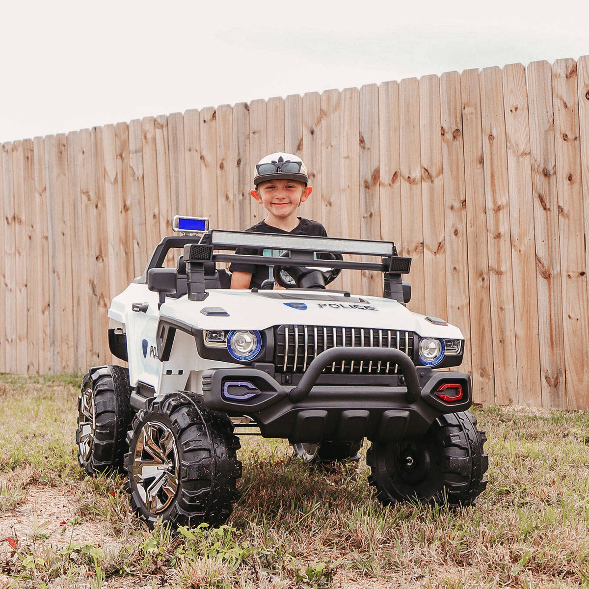 Kids 2 Seater Ride-On Car Police Truck Electric with LED Lights & MP3 for Kids White