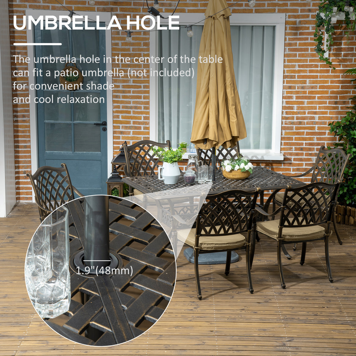 7 Pieces Patio Dining Set with Umbrella Hole, Cast Aluminum Outdoor Patio Furniture Set with 6 Cushioned Chairs and Rectangle Dining Table, for Garden, Lawn, Deck, Khaki