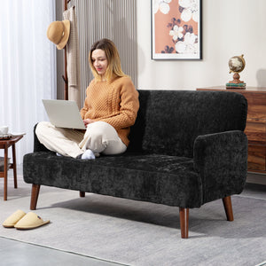 Velvet Feel Fabric 2 Seater Sofa, Small Sofa Loveseat with 8.3" Thick Padding and Wood Legs, Black – view 6