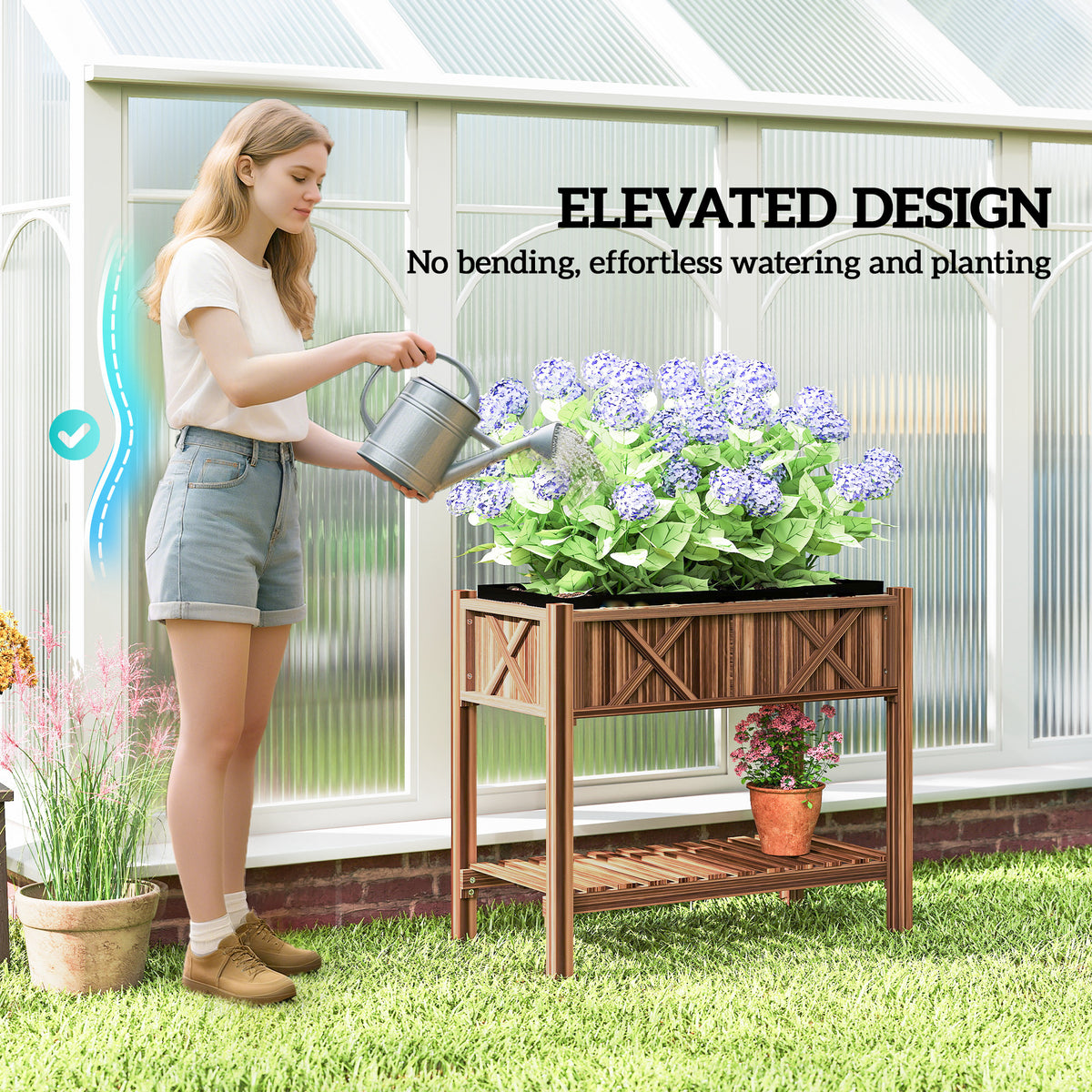 Wooden Raised Garden Bed, Elevated Planter Box with Storage Shelf, Drainage Holes and Liner – view 12