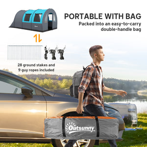 3 Person Camping Tent with Living Room and Bedroom, 3000mm Waterproof Tunnel Large Family Tent, Grey and Blue
