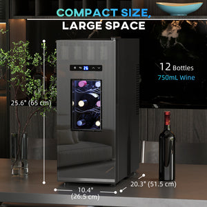 Wine Fridge, 12 Bottle, Under Counter Drinks Beer Wine Cooler with Glass Door, LED Light, Temperature Control