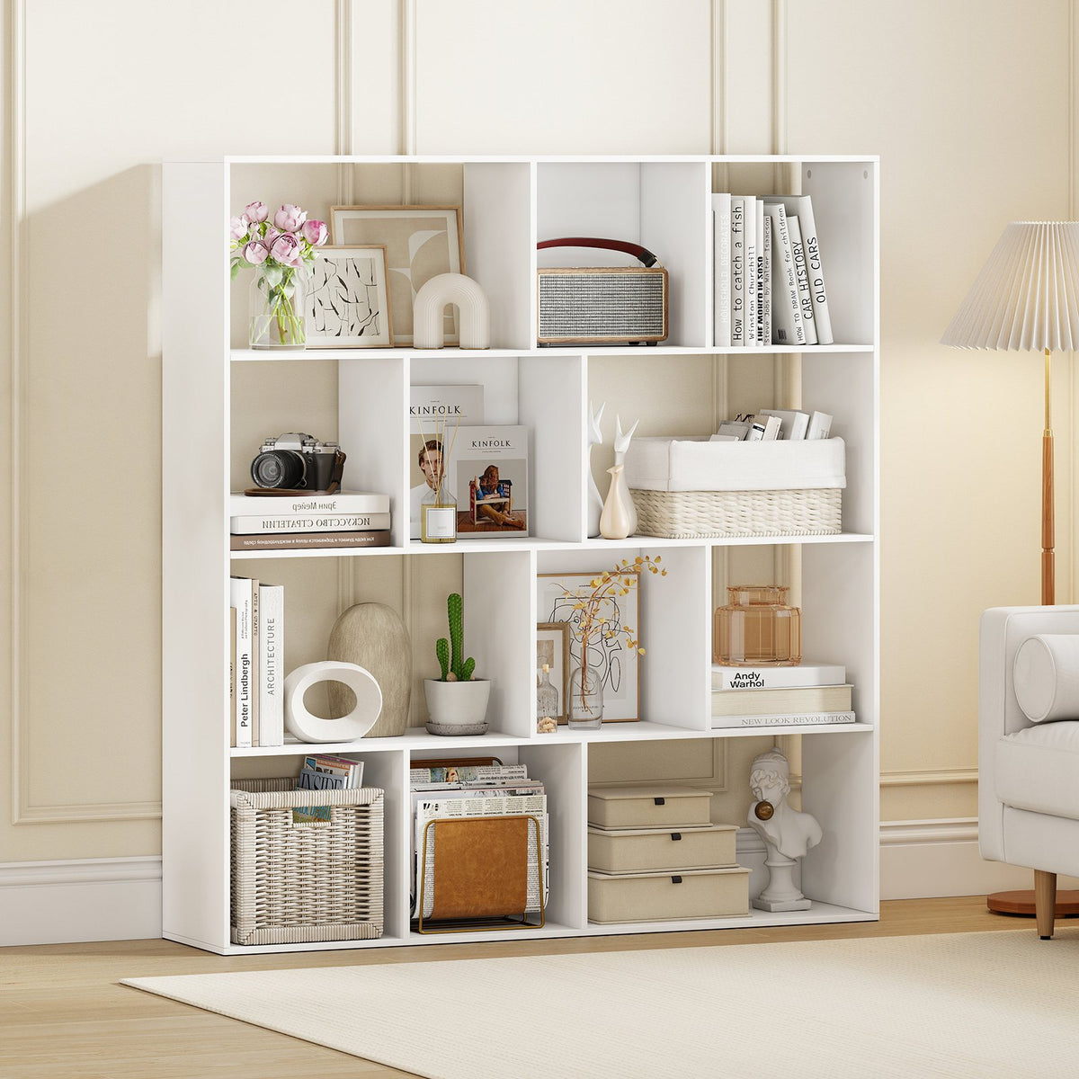 Open Shelf Bookcase 4-Tier Modern Bookshelf with 12 Storage Compartments-White view 2
