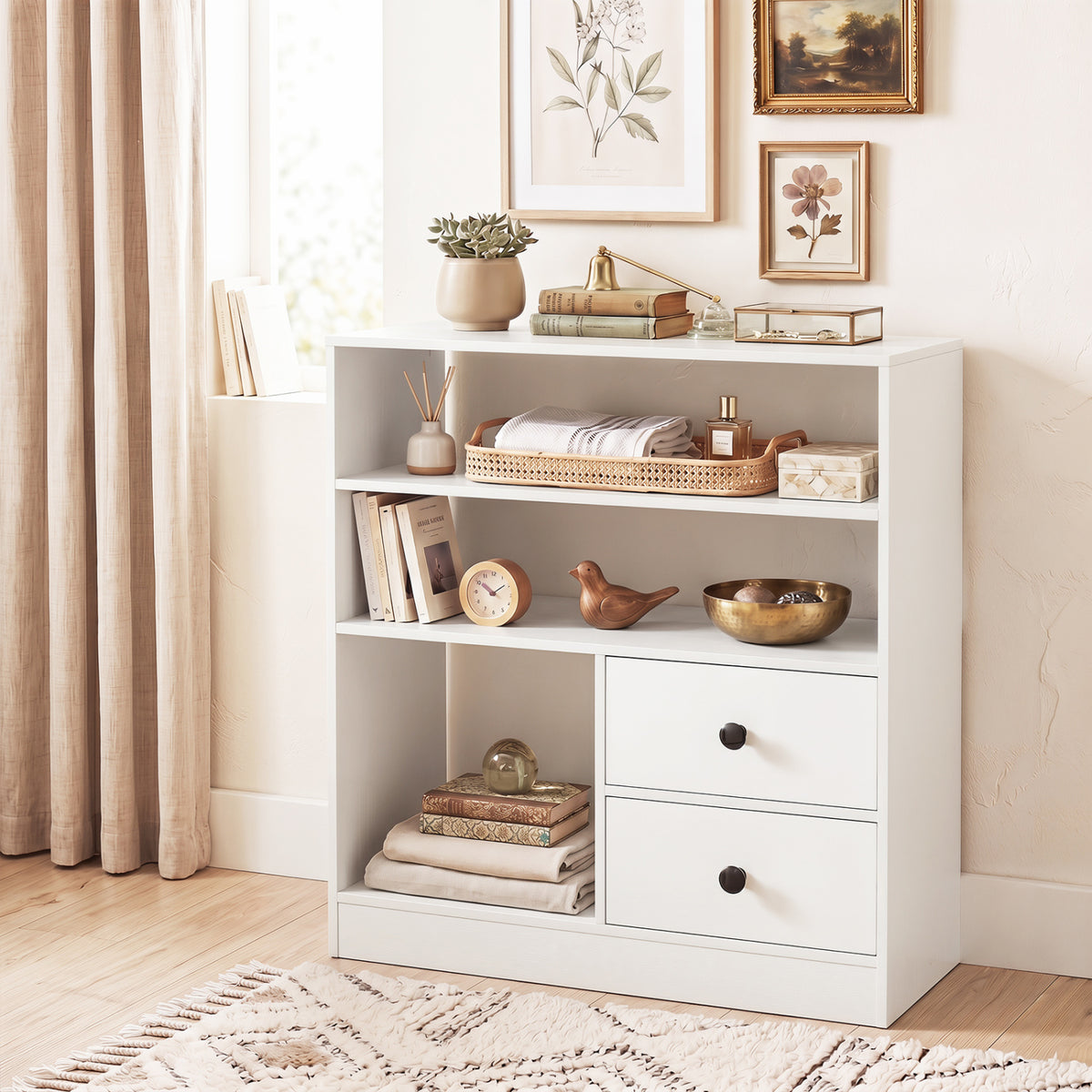 Open Storage Cabinet with 3 Open Compartments and 2 Drawer-White view 3