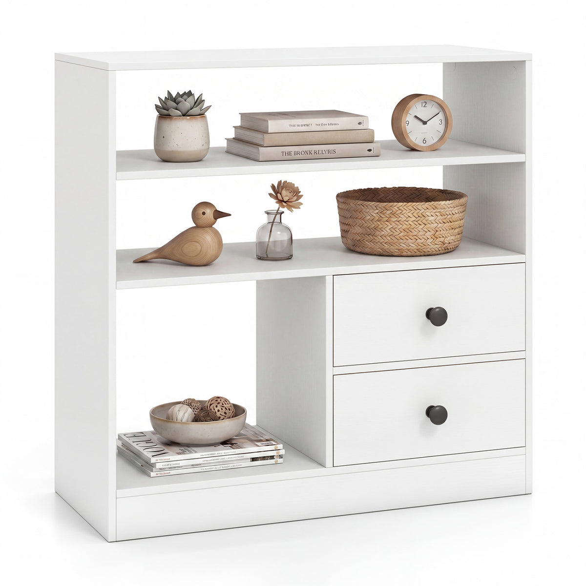 Open Storage Cabinet with 3 Open Compartments and 2 Drawer-White view 4