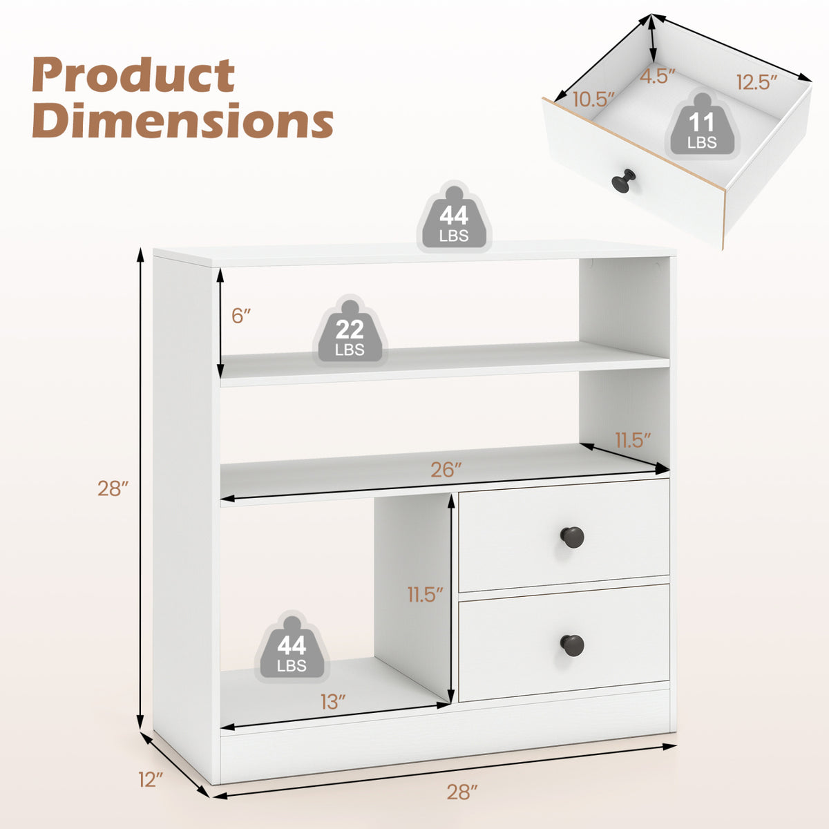 Open Storage Cabinet with 3 Open Compartments and 2 Drawer-White view 5
