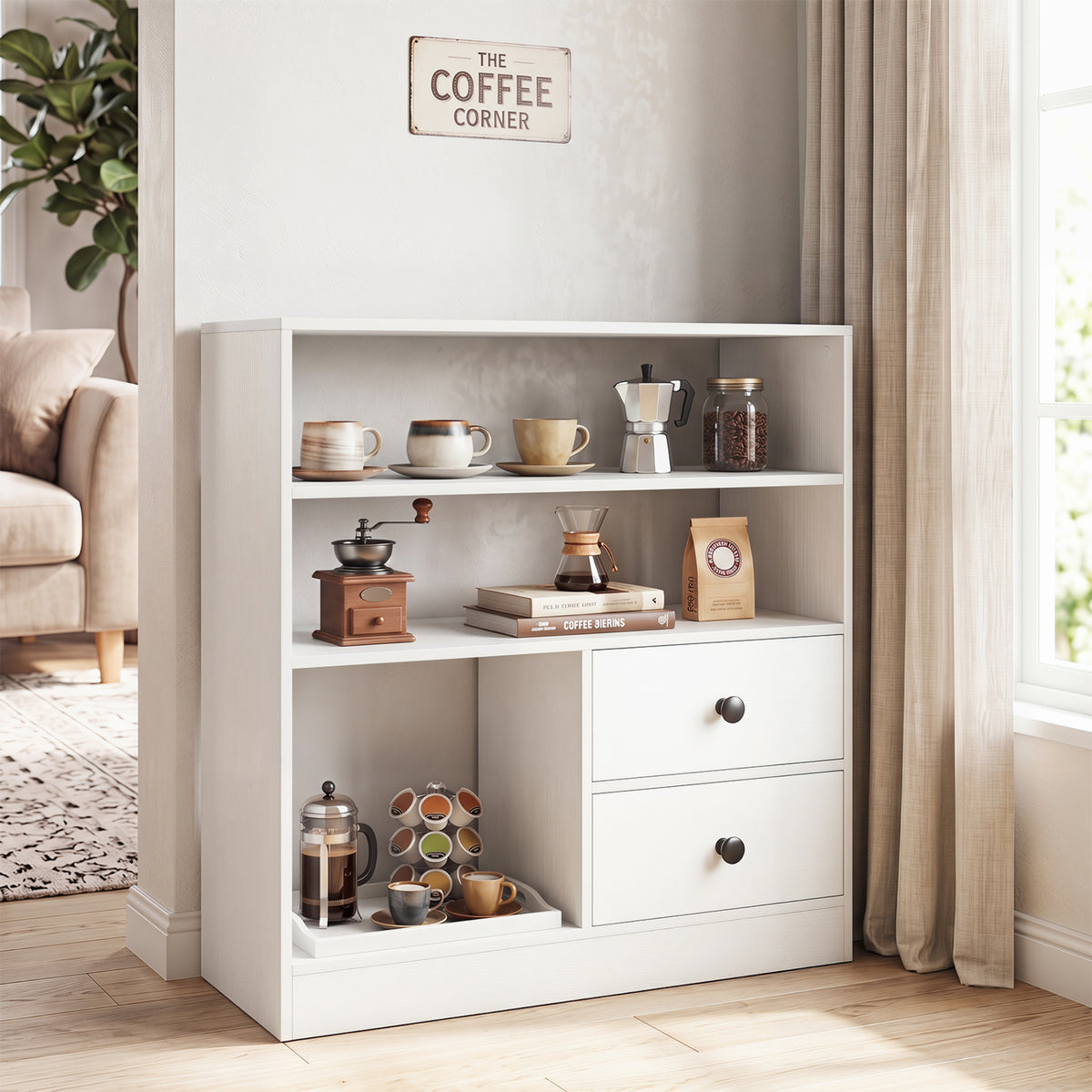 Open Storage Cabinet with 3 Open Compartments and 2 Drawer-White view 6