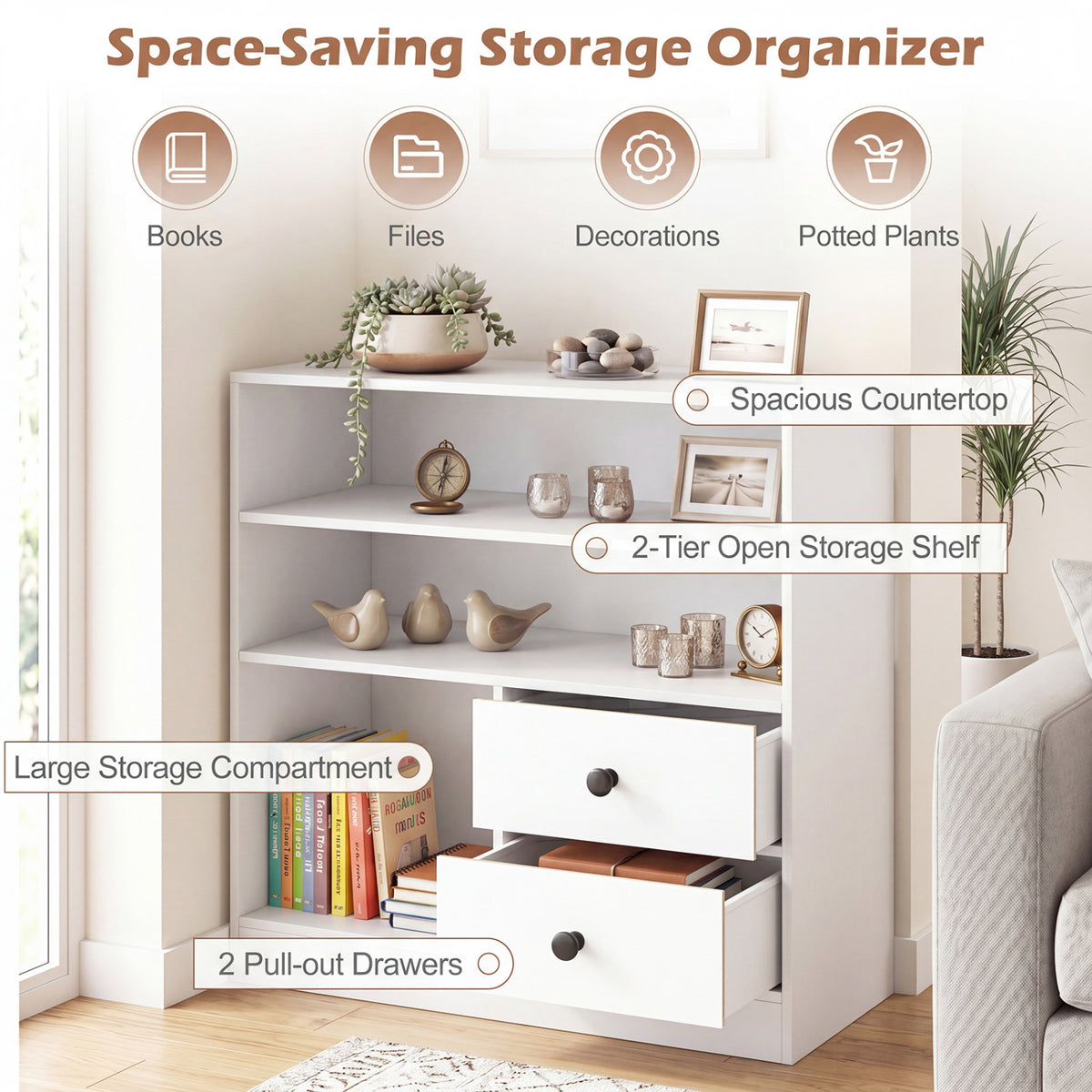 Open Storage Cabinet with 3 Open Compartments and 2 Drawer-White view 7