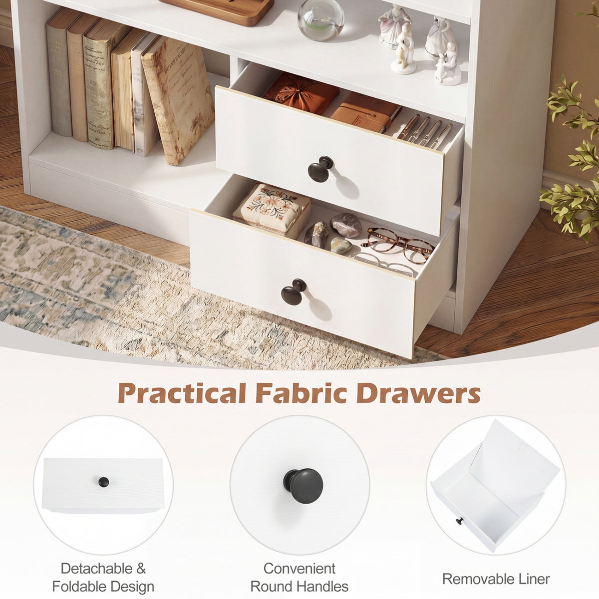 Open Storage Cabinet with 3 Open Compartments and 2 Drawer-White view 8