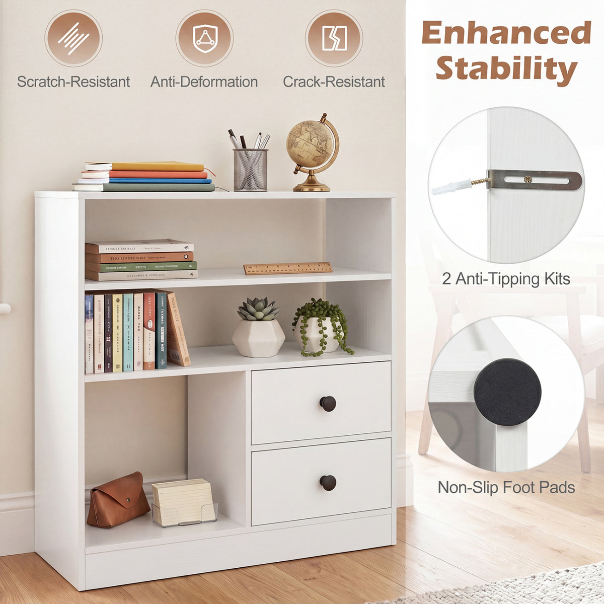 Open Storage Cabinet with 3 Open Compartments and 2 Drawer-White view 9
