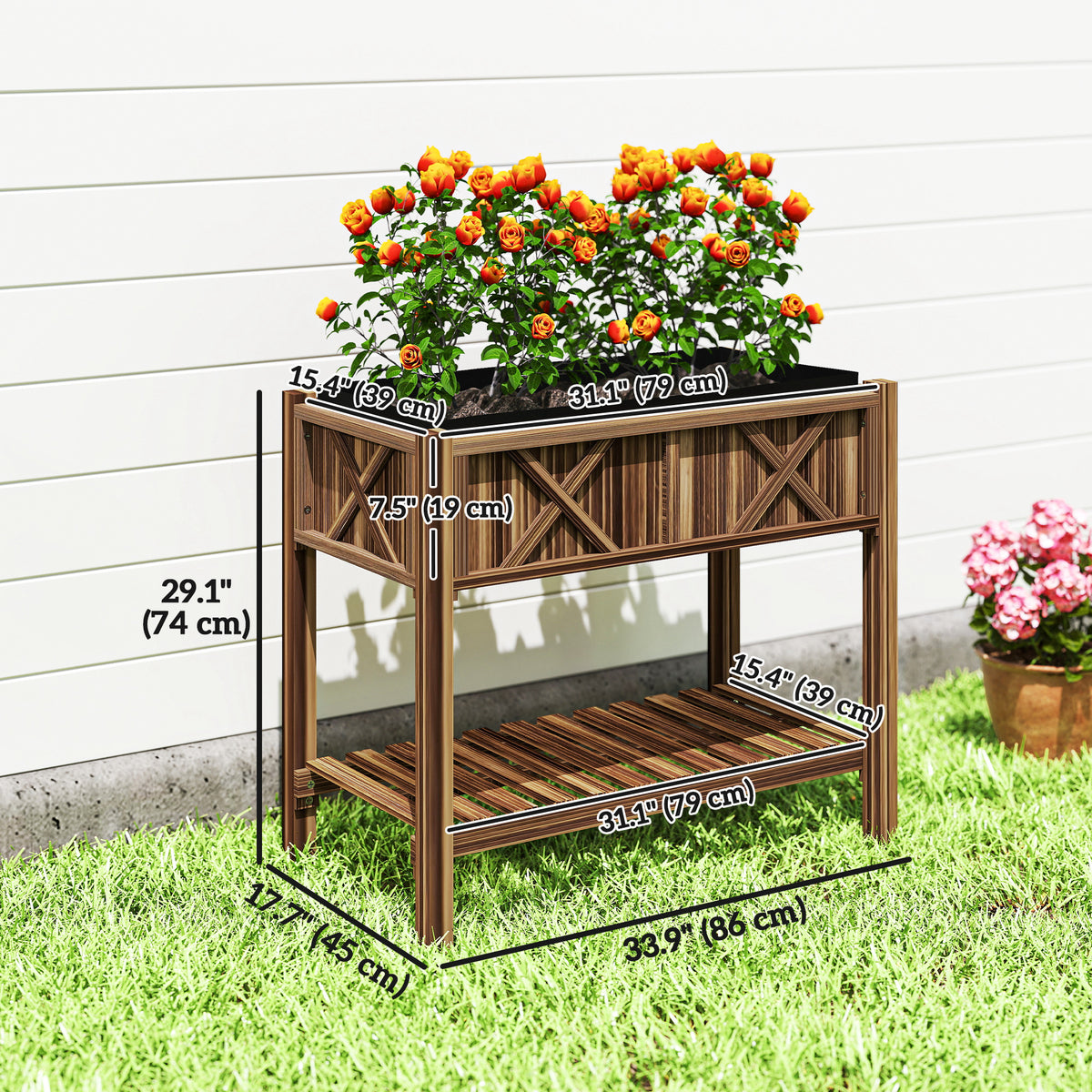 Wooden Raised Garden Bed, Elevated Planter Box with Storage Shelf, Drainage Holes and Liner – view 9