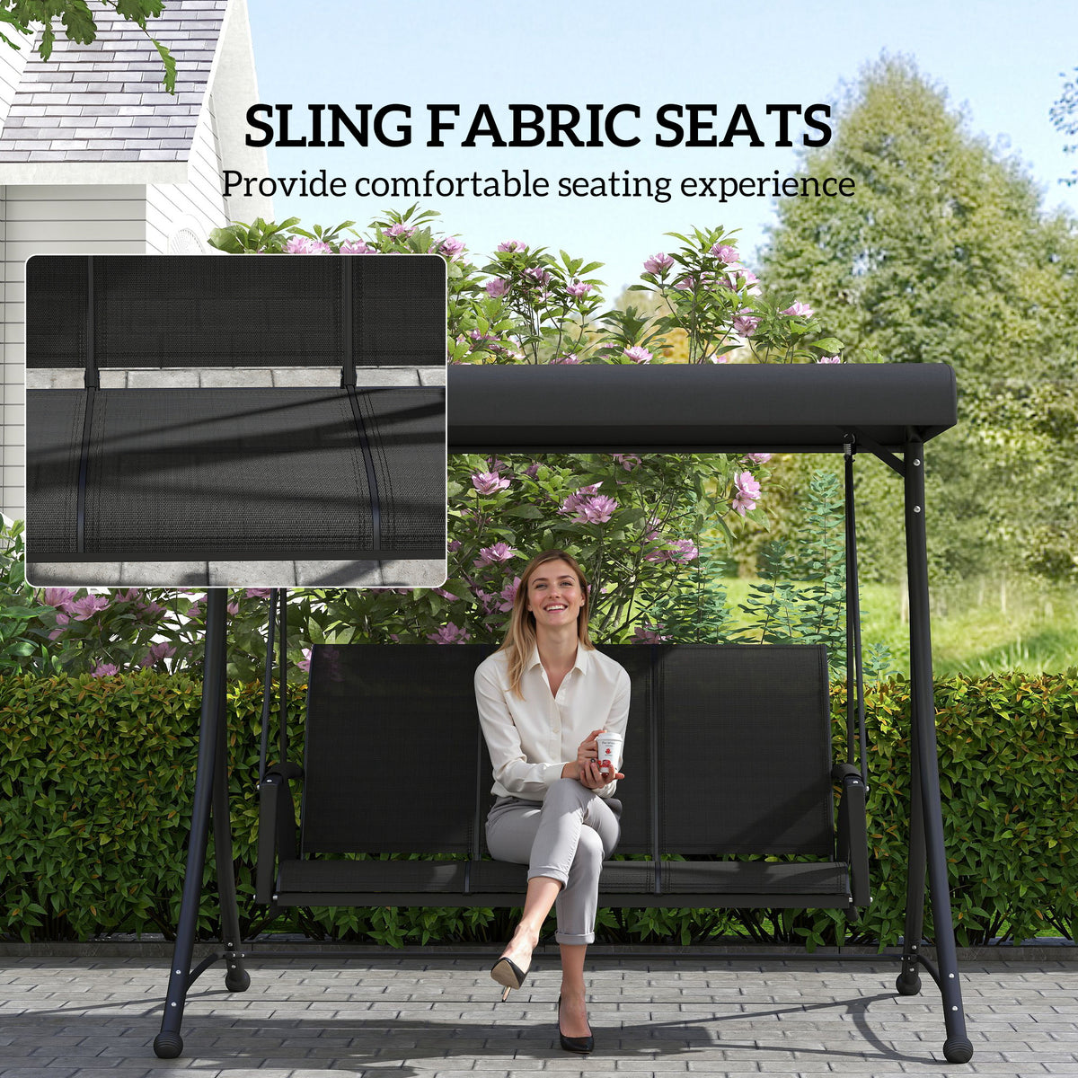 3 Person Porch Swing Outdoor Swing Chair with High Back Design, Side Pouches and Adjustable Canopy, Brown – view 18
